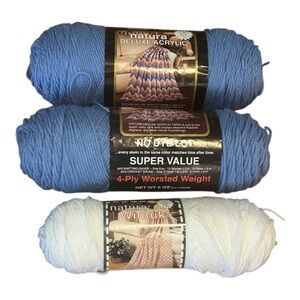 VTG Natura Deluxe Acrylic Yarn 2 Skeins Medium Blue & 1 Natura Wintuk White